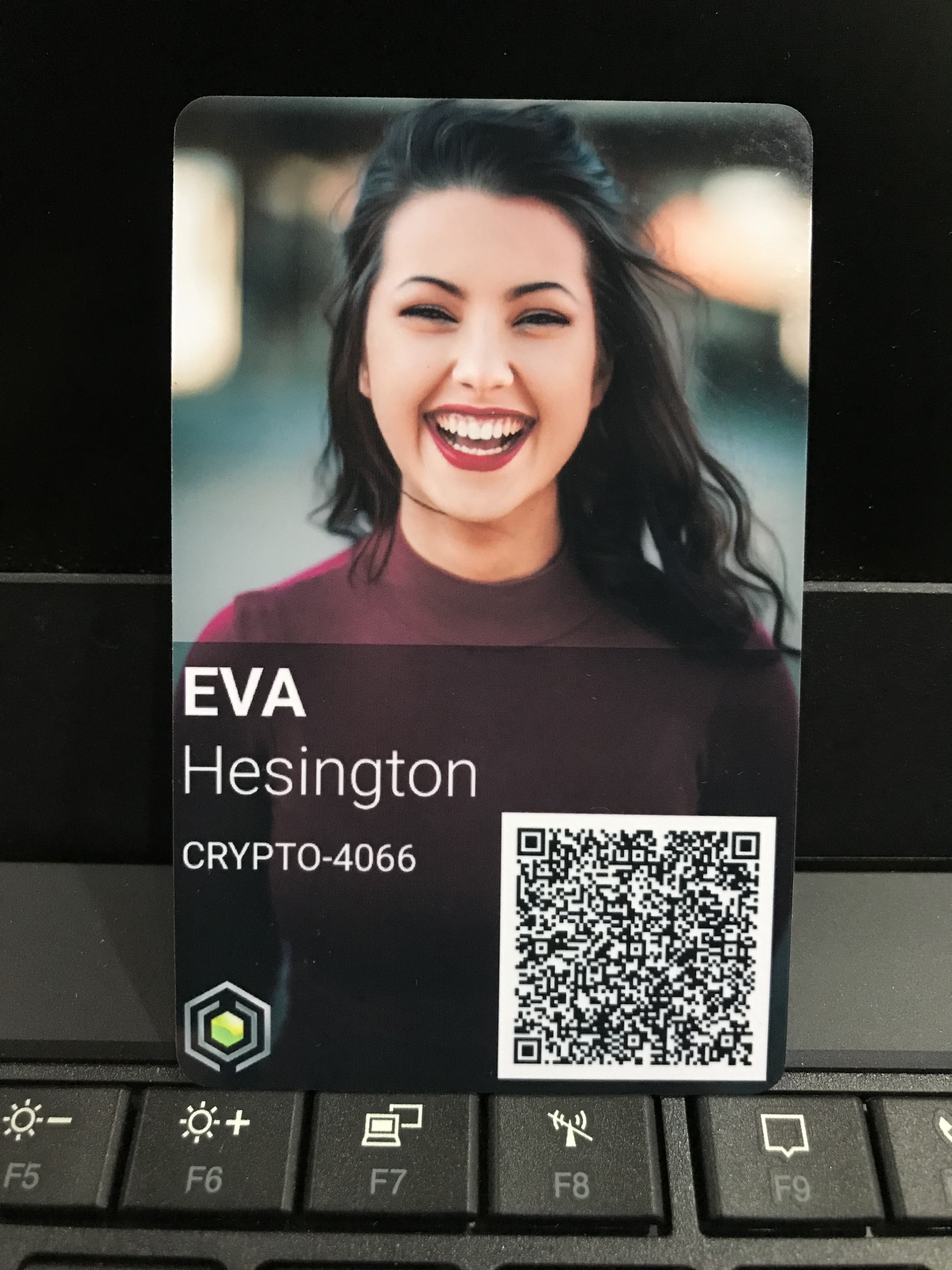 Picture of Eva Hesington's Company ID with a QR Code