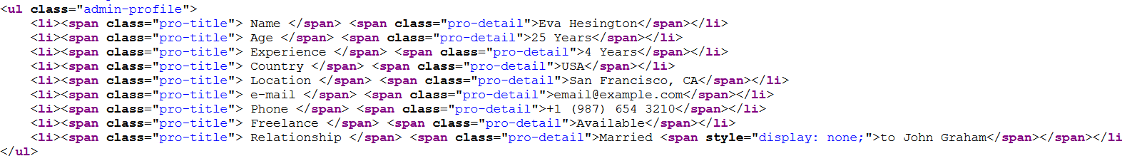 Page source showing that Eva Hesington's husband's name was hidden