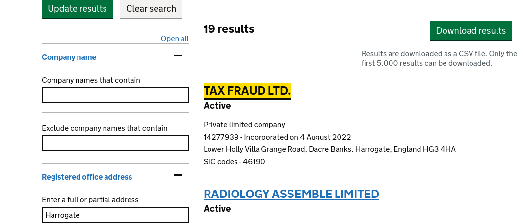 Tax Fraud LTD result on Companies House website