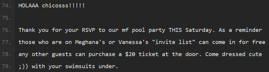 Thank you for your RSVP to our mf pool party THIS Saturday.