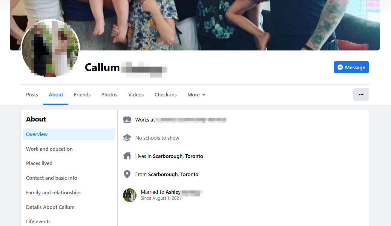 Callum's Facebook profile